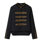 Women's Cropped Parade Military Jacket with Gold Decorative Cord, Stand-Up Collar and Velvet Trim Fashion Glam