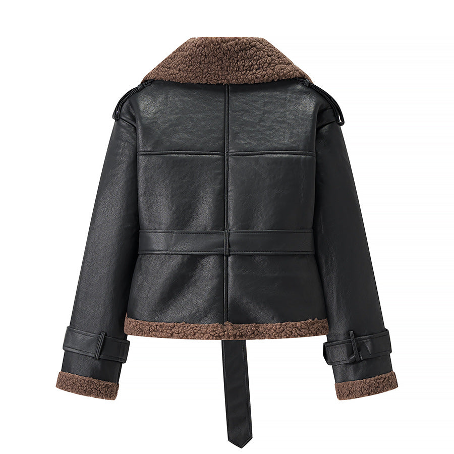 Women Short Sheepskin Imitation Flight Jacket with Waist Belt and Teddy Lining Fashion Glam