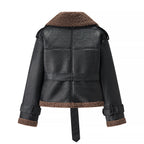 Women Short Sheepskin Imitation Flight Jacket with Waist Belt and Teddy Lining Fashion Glam