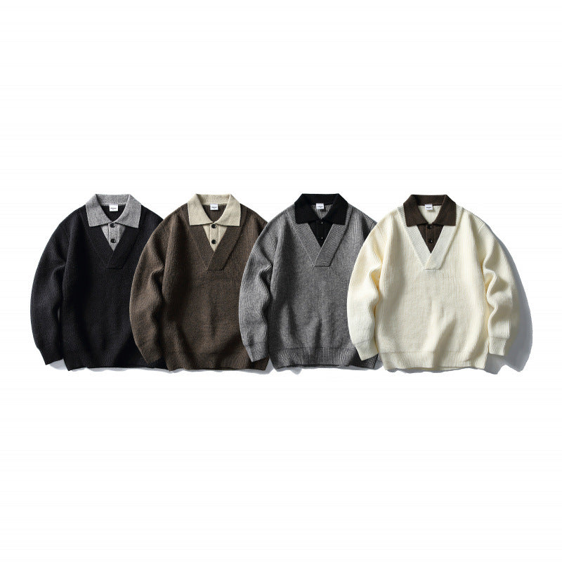 Men's pullover with polo half-button placket, oversized ribbed knit and V-neck detail Fashion Glam