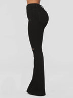 Ladies High-Waist Flared Jeans with Knee Rips and Sculpting Stretch Waistband Fashion Glam