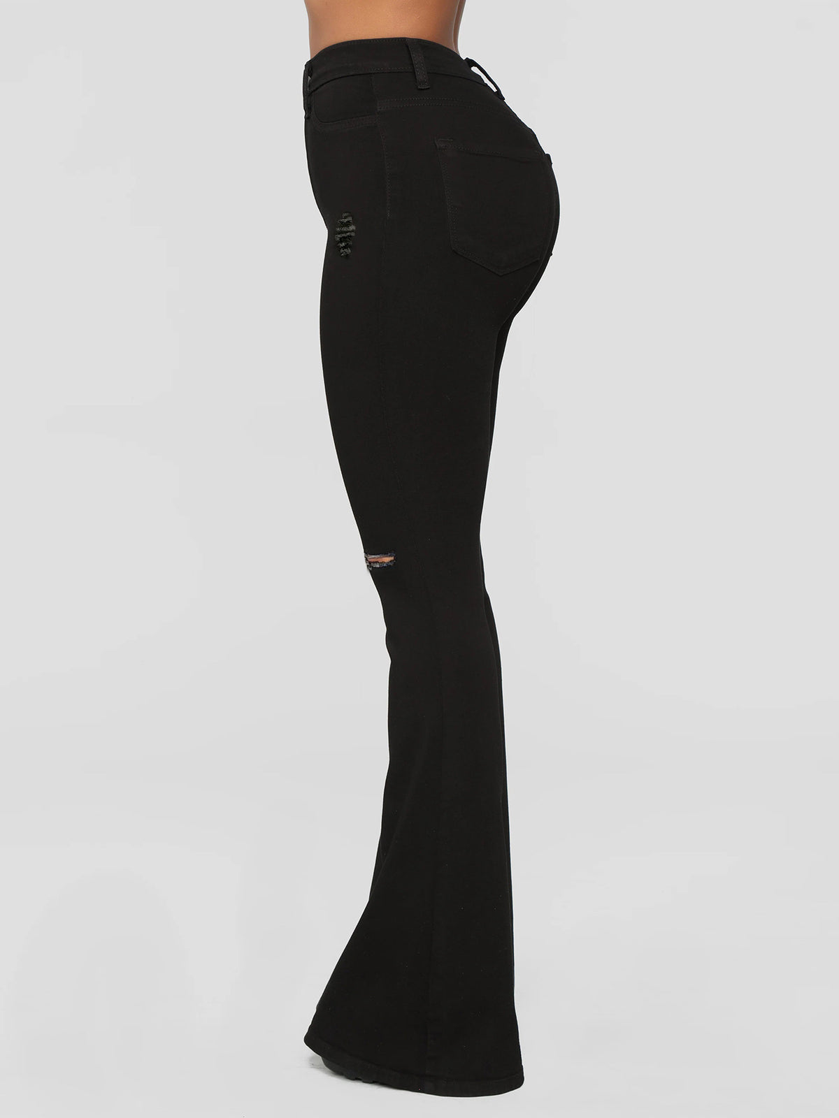 Ladies High-Waist Flared Jeans with Knee Rips and Sculpting Stretch Waistband Fashion Glam