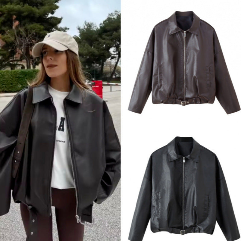Unisex Oversize Faux Leather Jacket with Zip Shirt Collar and Waist Belt Fashion Glam