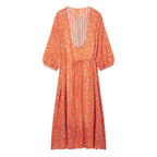 Women's maxi dress with floral print, deep round neckline and drawstring waist Fashion Glam