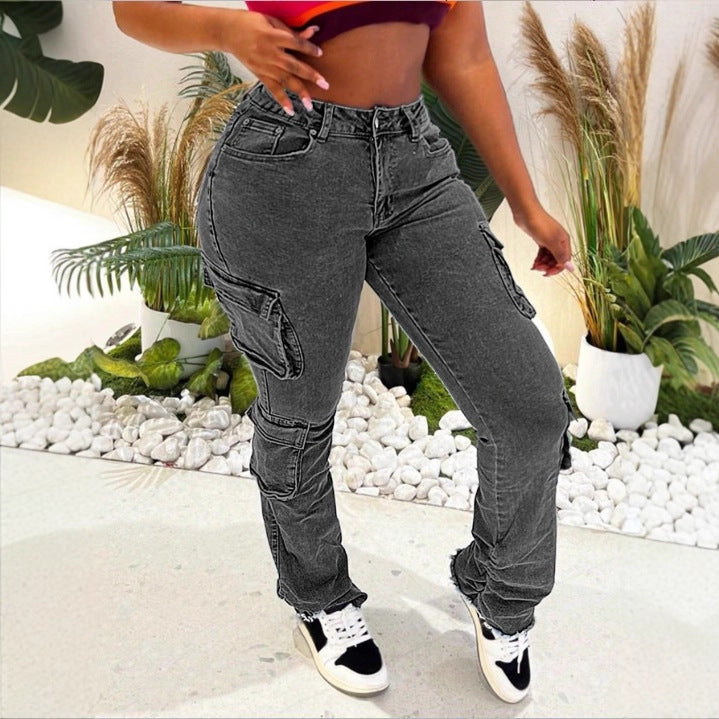 Women High-Cut Cargo Jeans with Multiple Flap Pockets and Frayed Hem Fashion Glam