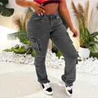 Women High-Cut Cargo Jeans with Multiple Flap Pockets and Frayed Hem Fashion Glam