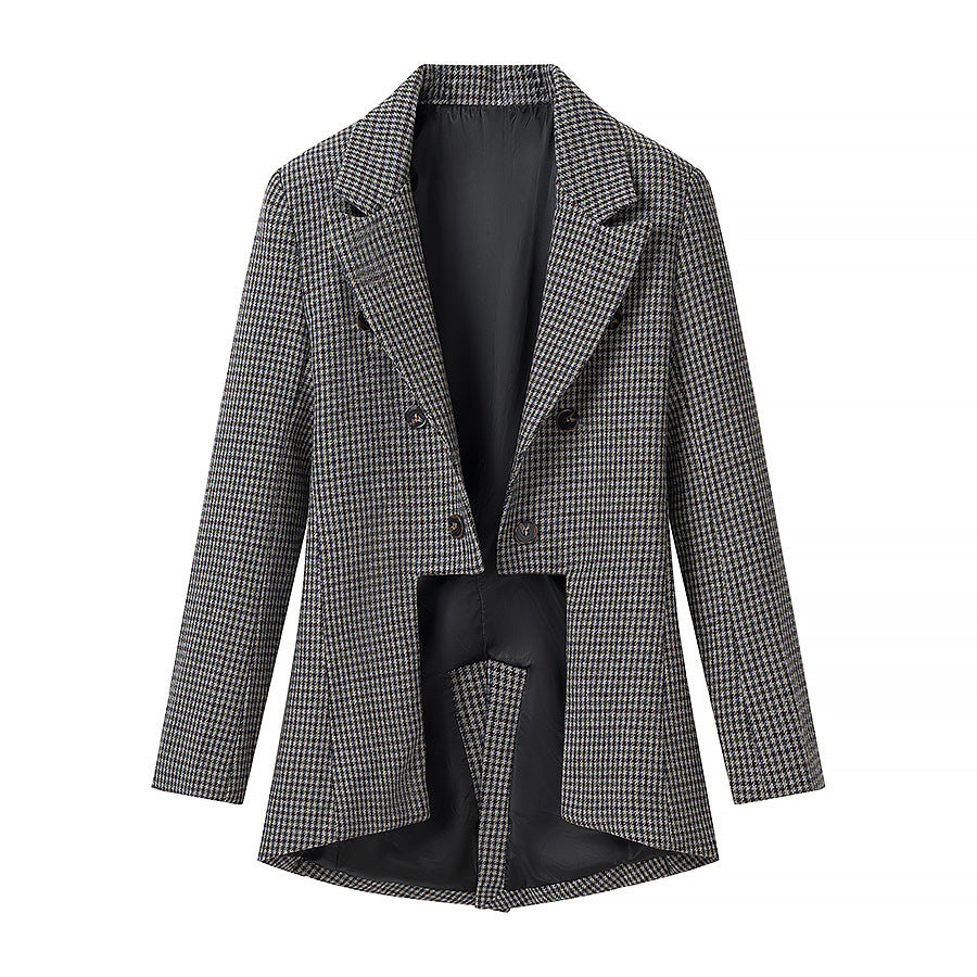 Women's Tailored Houndstooth Blazer with Tail and Lapel Collar Fashion Glam
