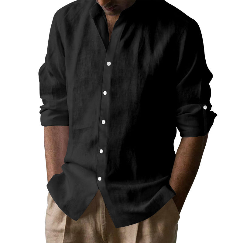 Men's Elegant Linen Shirt with Stand Collar and Button Details Fashion Glam