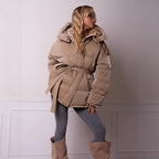 Women's Padded Down Jacket with Hood and Waist Belt Fashion Glam