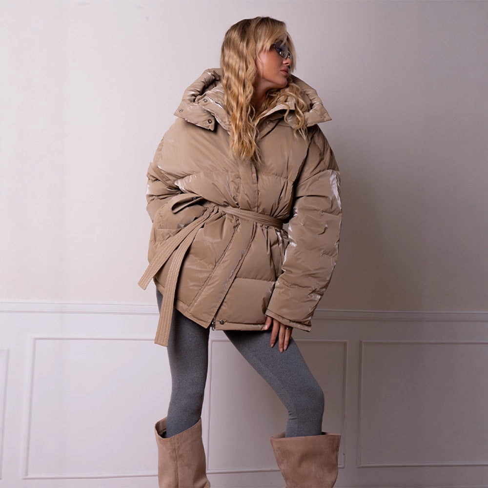 Women's Padded Down Jacket with Hood and Waist Belt Fashion Glam