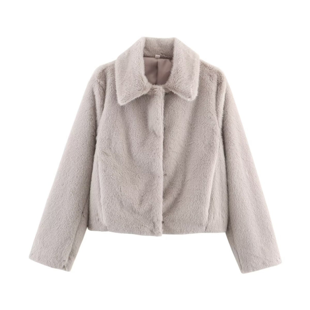 Women's Boxy Faux Fur Short Jacket with Classic Shirt Collar and Velvety Lining Fashion Glam