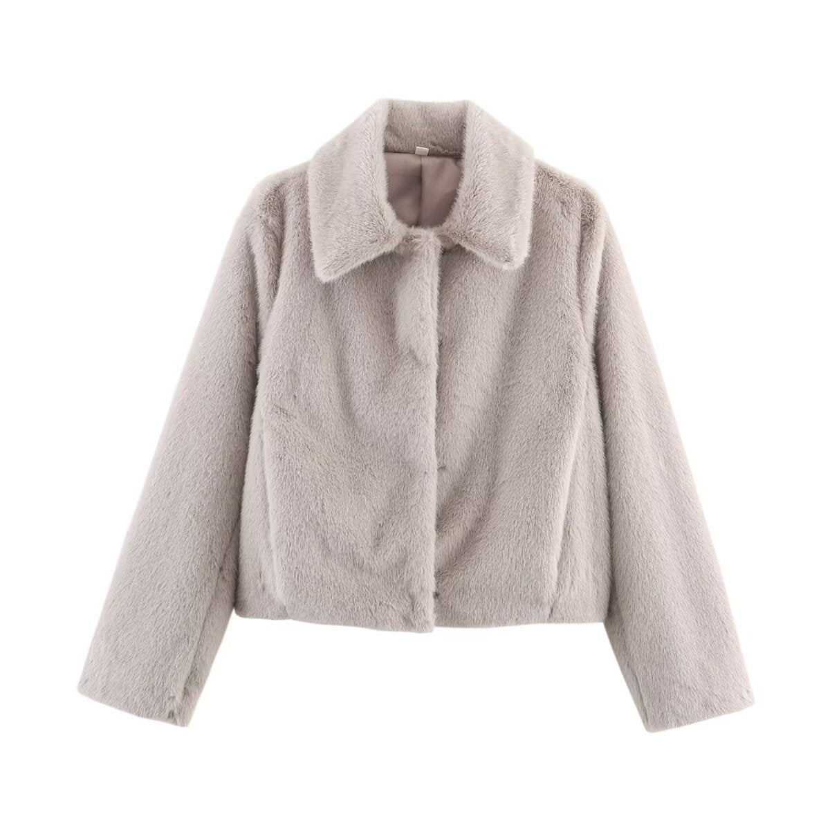Women's Boxy Faux Fur Short Jacket with Classic Shirt Collar and Velvety Lining Fashion Glam
