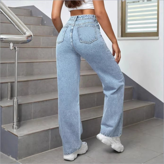 Ladies high-waisted wide denim jeans with striking print spot accents Fashion Glam