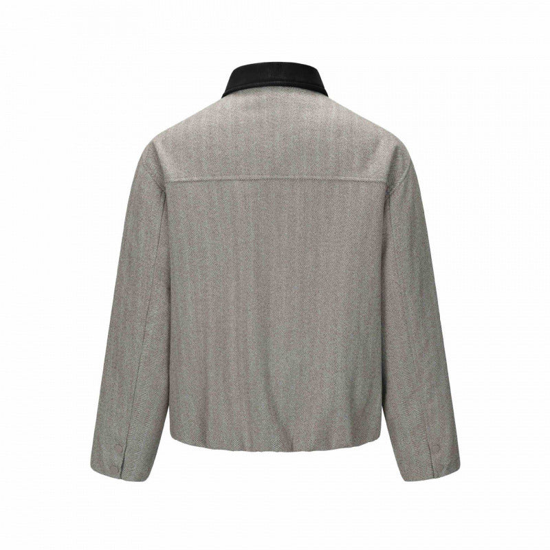Men's short jacket in herringbone wool blend with leather collar and concealed closure Fashion Glam
