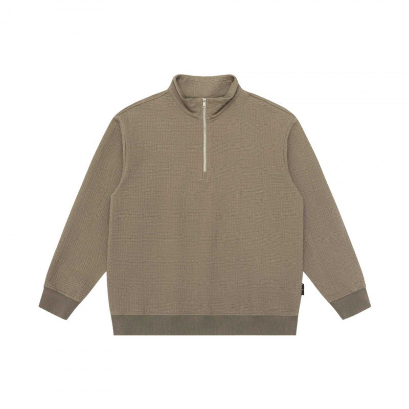 Unisex Oversize Waffle Structure Half-Zip Sweater with Stand-Up Collar Fashion Glam