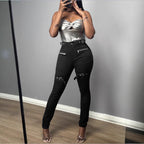 Women High-Waist Skinny Jeans with decorative zippers, patch pockets and belt decor Fashion Glam