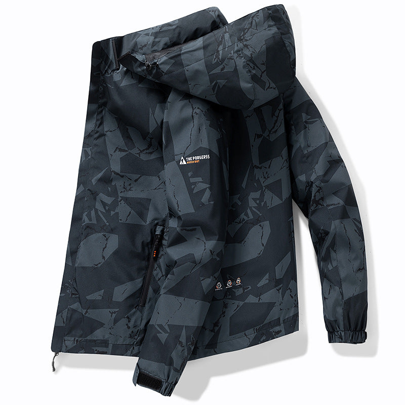 Men's technical waterproof hooded jacket with graphic camouflage print, zippered pockets, and adjustable hem Fashion Glam