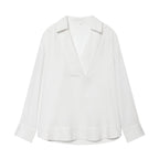 Women's loose linen look tunic with deep V-neck and shirt collar Fashion Glam