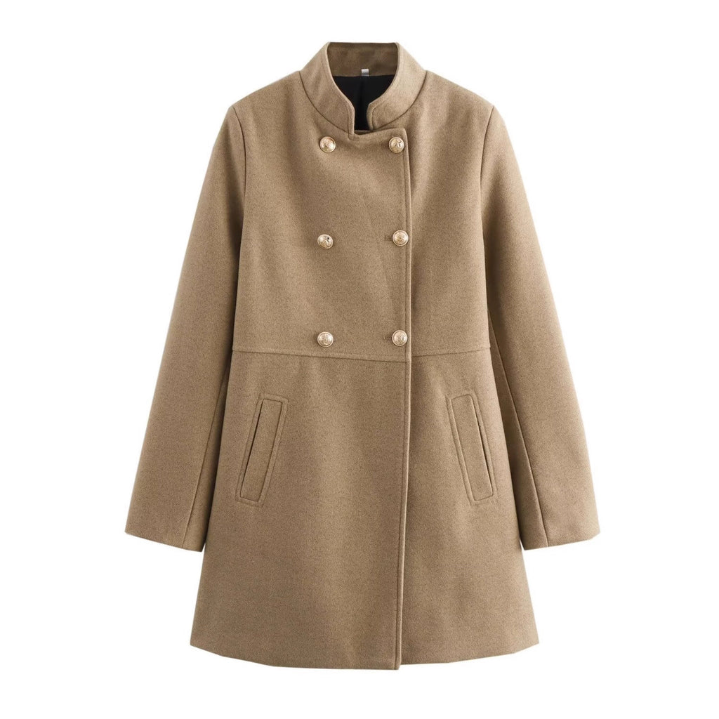 Women's Double-Breasted Wool Blend Coat with Stand Collar and Decorative Buttons Fashion Glam