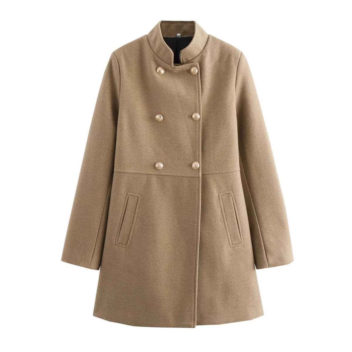 Women's Double-Breasted Wool Blend Coat with Stand Collar and Decorative Buttons Fashion Glam