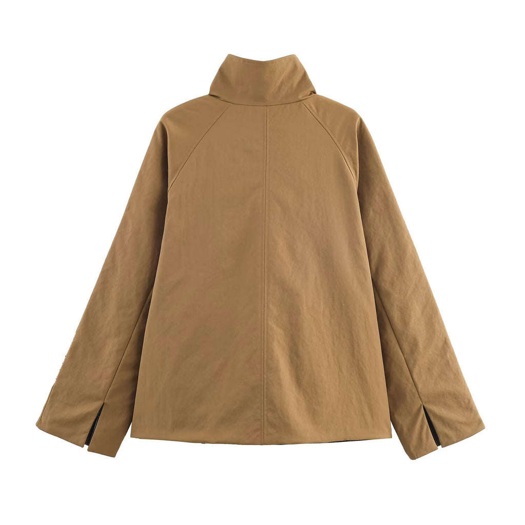 Women's Oversized Short Coat with High Stand Collar, Raglan Sleeves and Concealed Button Placket Fashion Glam