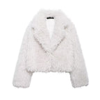 Ladies Short Boxy Plush Jacket in Shaggy Look with Dropped Lapel Fashion Glam