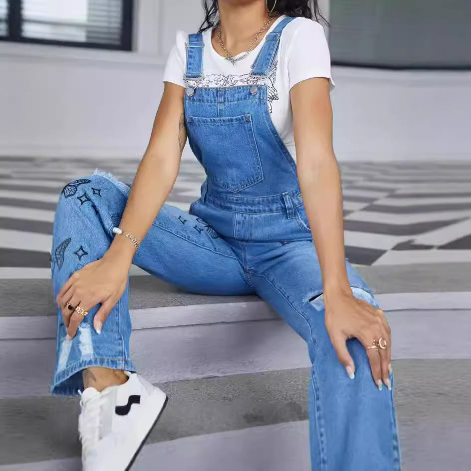 Women Casual Denim Overalls with Butterfly Print, distressed Knee & Wide Leg Fashion Glam