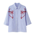Women Oversized Shirt Blouse with Pinstripes, Palm Embroidery and Three-Quarter Sleeves Fashion Glam