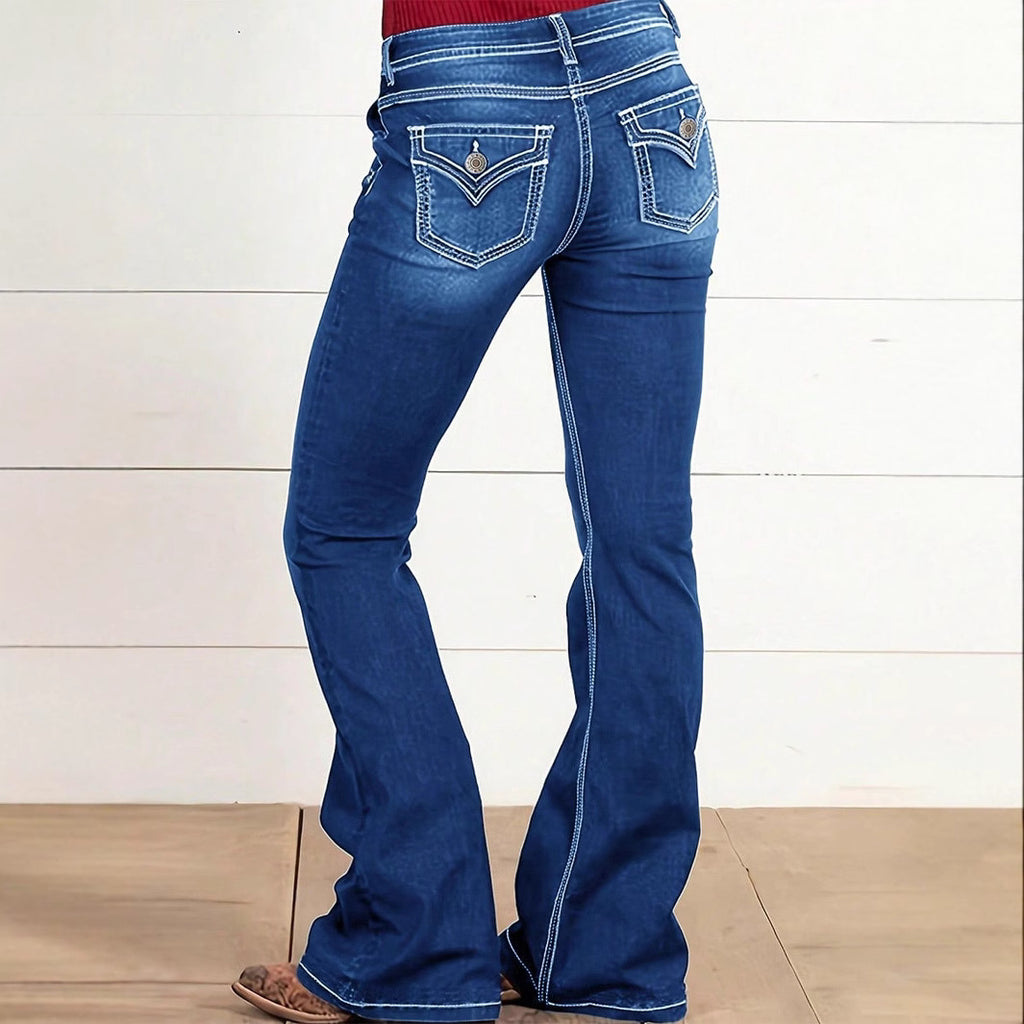 Ladies' Waist-Cinched Bootcut Jeans with Decorative Button Appliqué and Contrast Stitching Fashion Glam