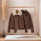 Women's Short Cut Teddy-Lined Suede Look Flight Jacket with Zipper Fashion Glam