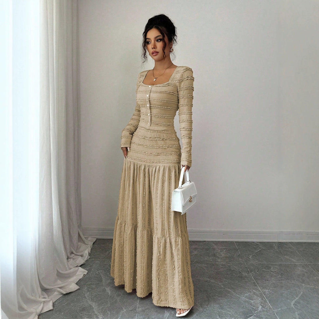 Women's Figure-Hugging Ruffle Maxi Dress with Square Neckline and Button Placket Fashion Glam