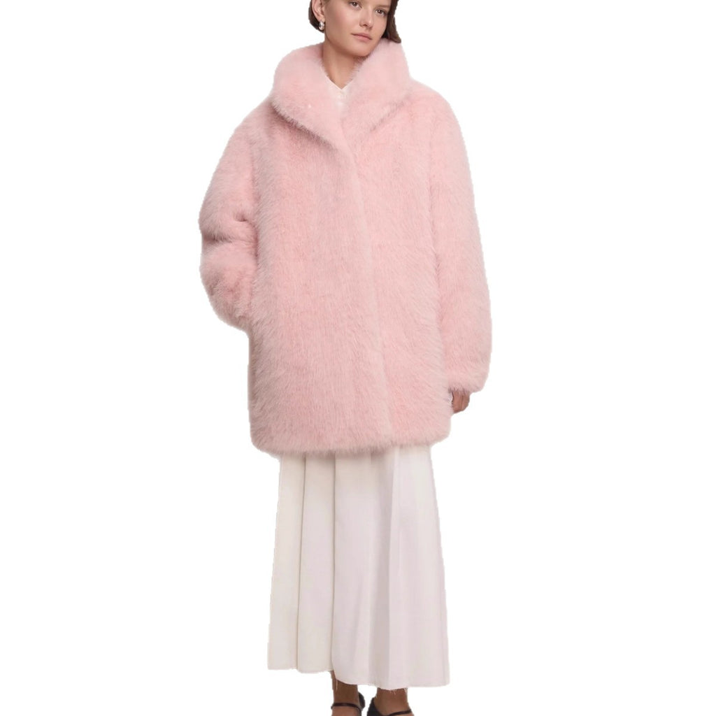 Women's Mid-length fluffy teddy faux fur coat with standing shawl collar Fashion Glam