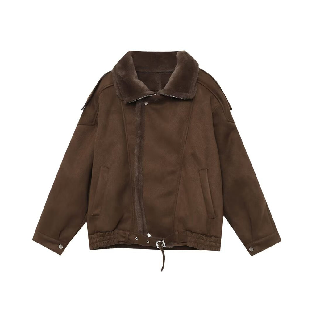 Women's Oversized Aviator Jacket with Teddy Lining, Stand Collar and Waist Belt Fashion Glam