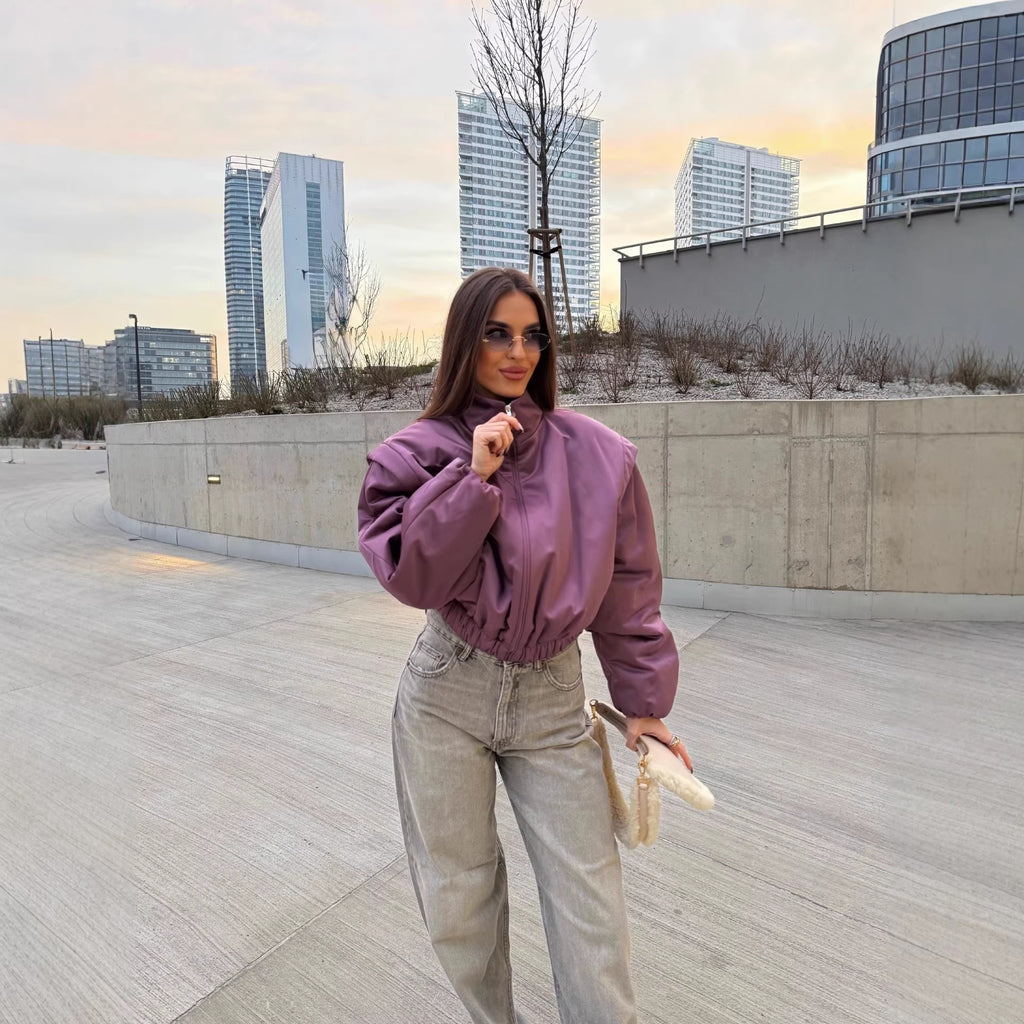 Women's Padded Cropped Jacket with Stand Collar, Drawstring Hem and Dropped Shoulder Details Fashion Glam