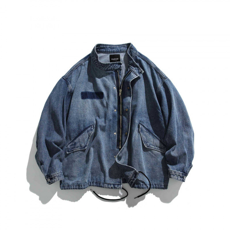 Men's Oversized Jeans Jacket with Stand Collar, Flap Pockets and Drawstring Fashion Glam