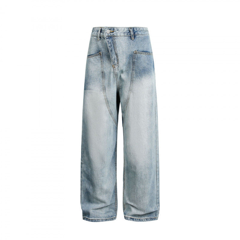 Women's Wide High-Waist Denim Pants with Curved Front Pockets Fashion Glam