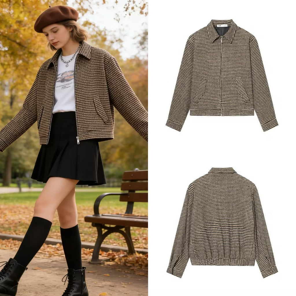 Women Boxy Short Jacket made of Wool Blend with Houndstooth Pattern, Zipper and Shirt Collar Fashion Glam
