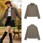 Women Boxy Short Jacket made of Wool Blend with Houndstooth Pattern, Zipper and Shirt Collar Fashion Glam