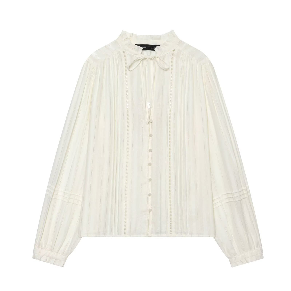 Women's Pleated Chiffon Blouse with Ruffled Collar and Tie Band Fashion Glam