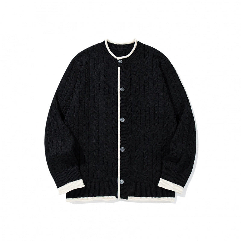 Unisex fine knit cardigan with cable pattern, round neck and contrast trim Fashion Glam