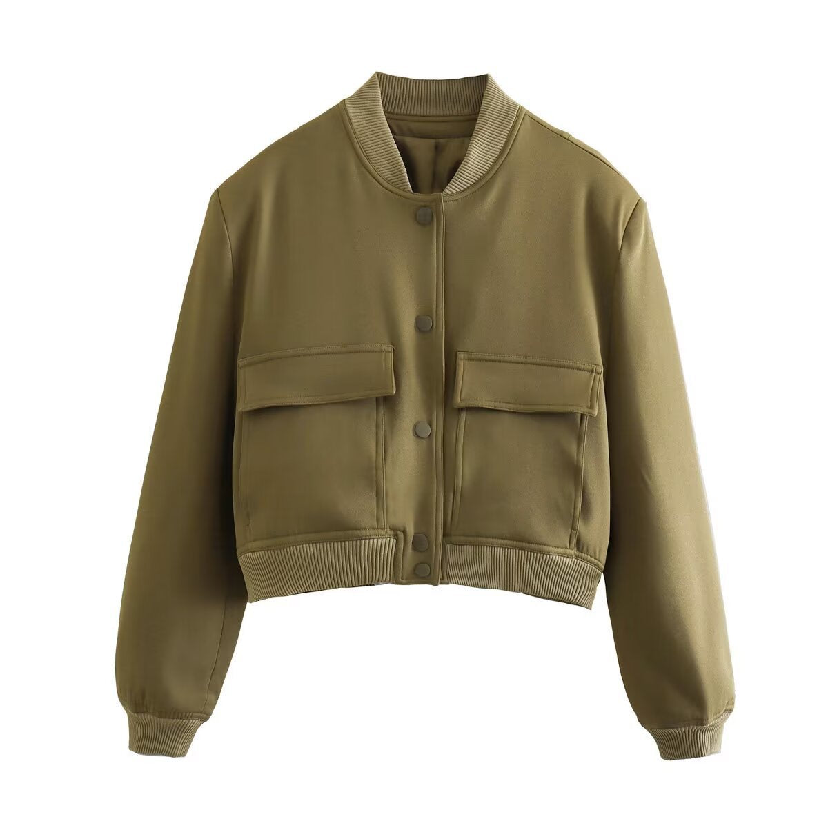 Women Short Cut Utility Bomber Jacket with Large Flap Pockets and Ribbed Cuffs Fashion Glam