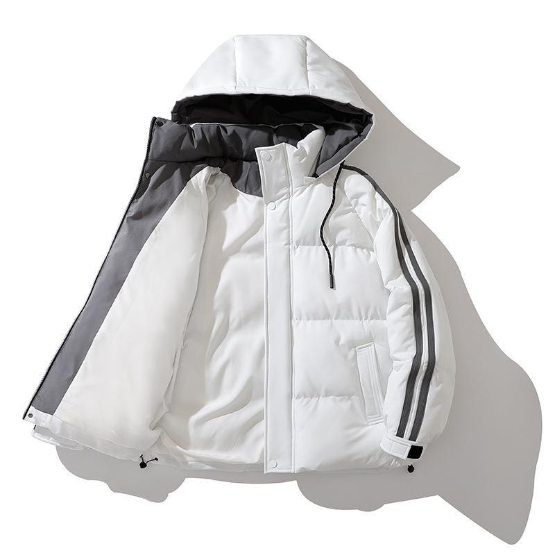 Unisex Padded Hooded Jacket with Drawstring and Contrast Stripes Fashion Glam