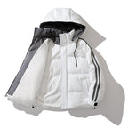 Unisex Padded Hooded Jacket with Drawstring and Contrast Stripes Fashion Glam