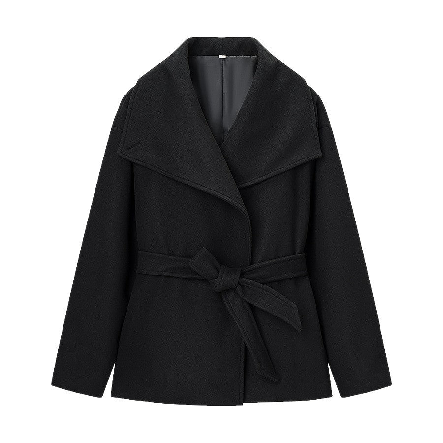 Women's Short Wool Blend Coat with Wide Shawl Collar and Waist Belt Fashion Glam