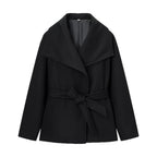 Women's Short Wool Blend Coat with Wide Shawl Collar and Waist Belt Fashion Glam