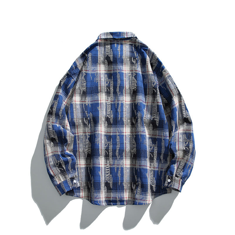Unisex Oversized Checked Flannel Shirt with Destroyed Details and Chest Pocket Fashion Glam