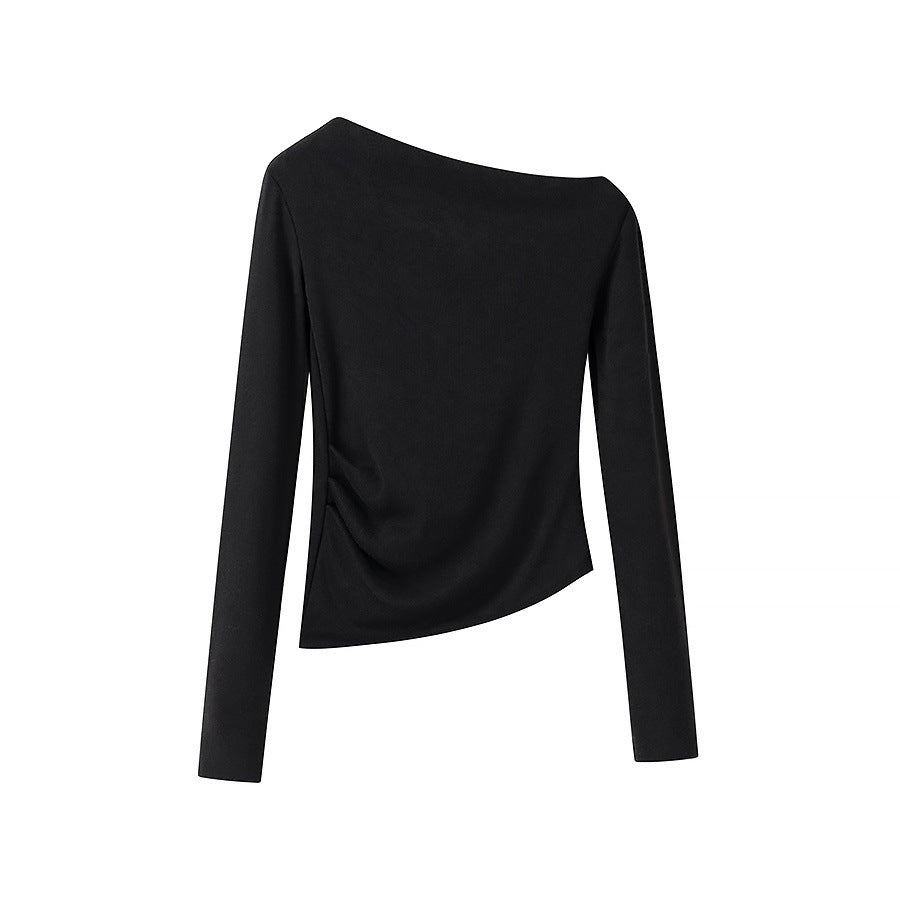 Women’s asymmetrical fine knit top with off-the-shoulder neckline and gathered side panel Fashion Glam