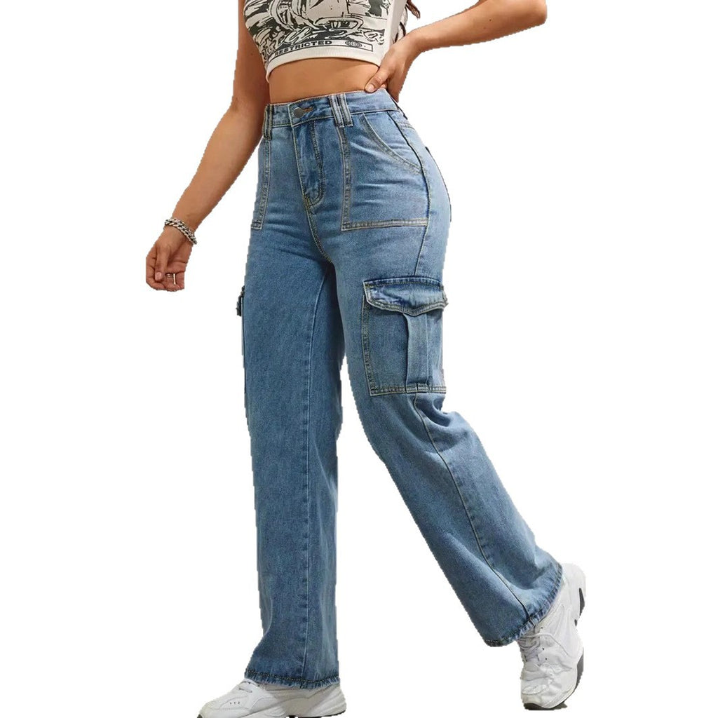 Women high-waisted wide cargo jeans with patch pockets and straight leg Fashion Glam