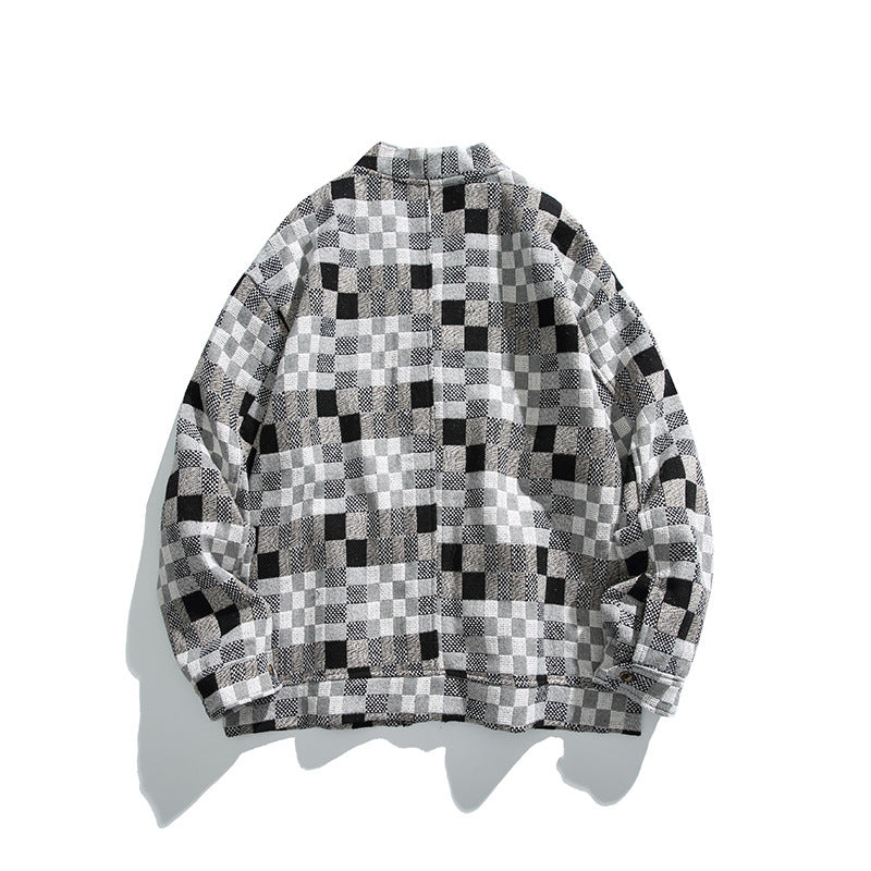 Unisex Boxy Cardigan in Patchwork Check with V-neck, snap front, and patch pockets Fashion Glam