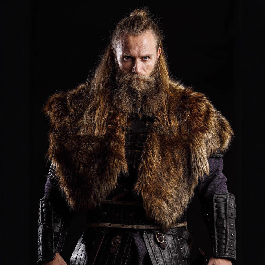 Men's historically inspired faux fur shoulder cape with leather straps Fashion Glam